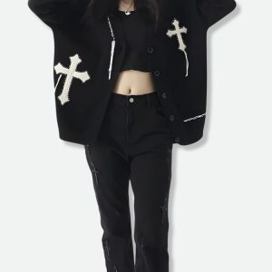 Y2K Coquette Cross Patch Cardigan - Trendy Aesthetic Clothing