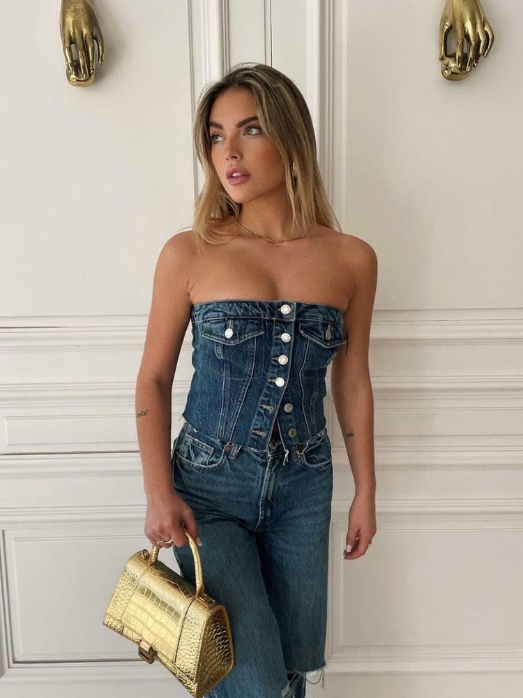 Y2K Coquette Denim Tube Top - Trendy Aesthetic Clothing for Unique Styles