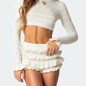 Y2K Coquette Knitted Crop Top & Ruffled Shorts Aesthetic Outfit Set