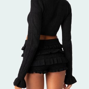 Y2K Coquette Knitted Crop Top & Ruffled Shorts Aesthetic Outfit Set