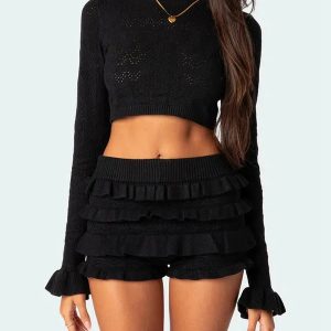 Y2K Coquette Knitted Crop Top & Ruffled Shorts Aesthetic Outfit Set