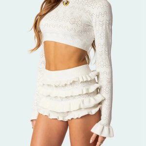 Y2K Coquette Knitted Crop Top & Ruffled Shorts Aesthetic Outfit Set