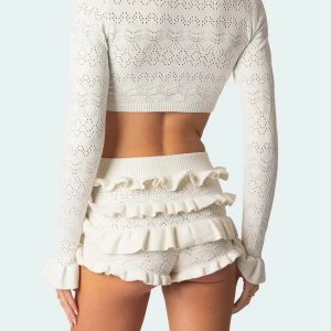 Y2K Coquette Knitted Crop Top & Ruffled Shorts Aesthetic Outfit Set