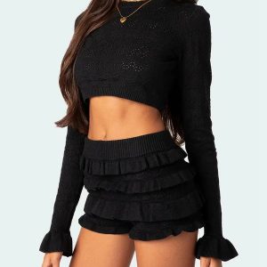 Y2K Coquette Knitted Crop Top & Ruffled Shorts Aesthetic Outfit Set