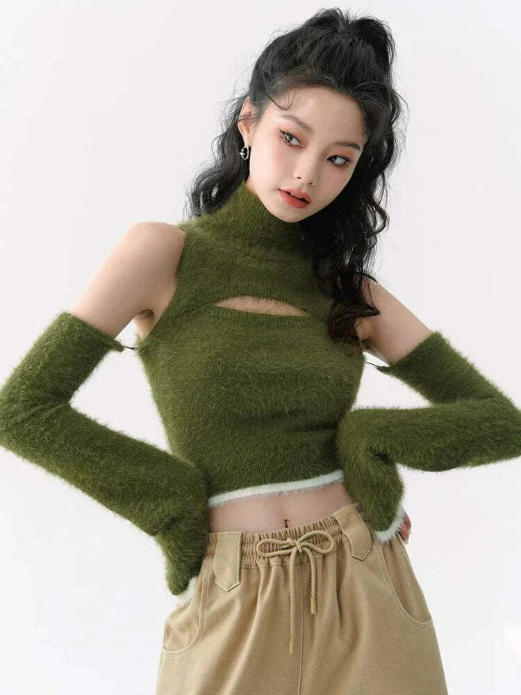 Y2K Cut Out Fluffy Crop Sweater Top - Aesthetic Coquette Style