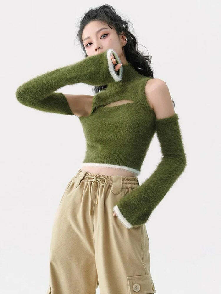 Y2K Cut Out Fluffy Crop Sweater Top - Aesthetic Coquette Style