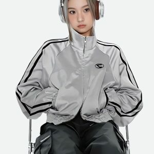 Y2K Cyberpunk Reflective Double Zip-Up Jacket for Aesthetic Outfits