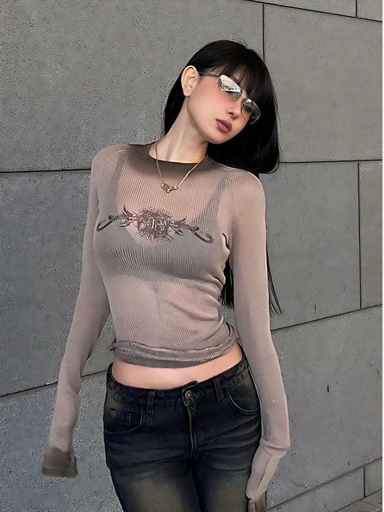 Y2K Cyberpunk Sheer Top with Sigilism Aesthetic for Trendy Outfits