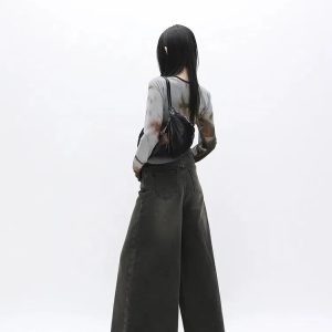 Y2K Dark Wash Distressed Wide Leg Jeans - Trendy Aesthetic Clothing