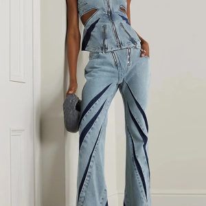 Y2K Denim Cut Out Tube Top & Patch Jeans Aesthetic Outfit Set