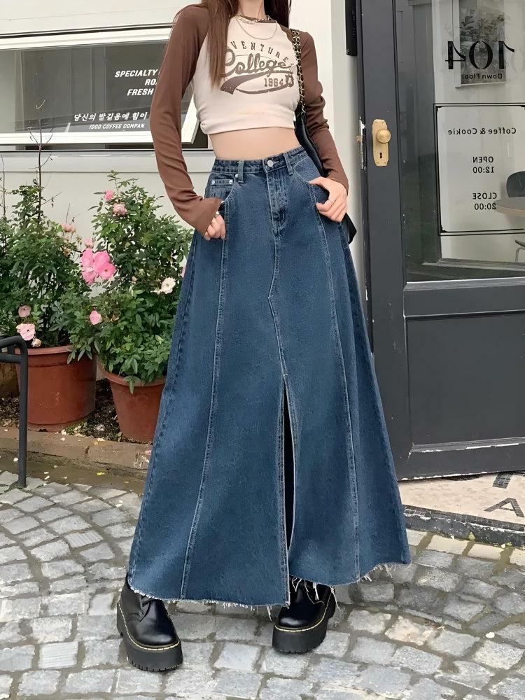 Y2K Denim Slit Frayed Hem Maxi Skirt - Aesthetic Coquette Style