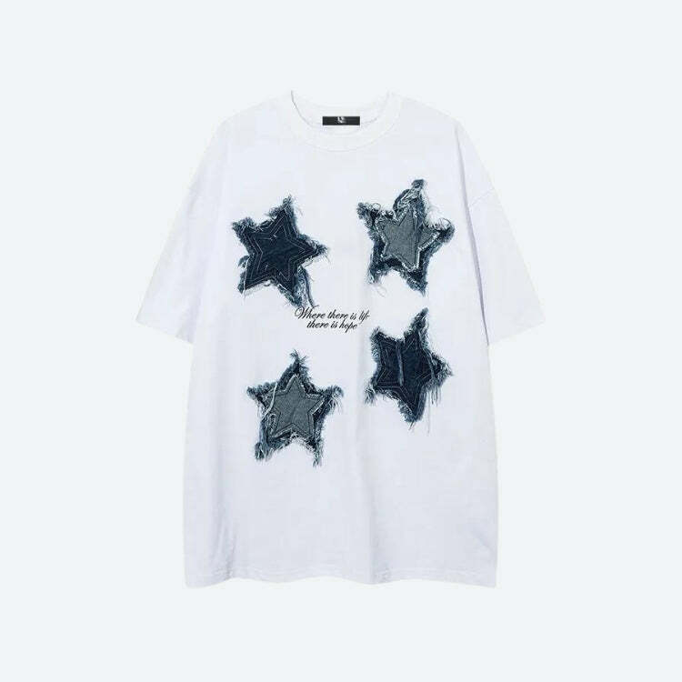 Y2K Denim Star Patchwork Tee - Trendy Aesthetic Clothing for Every Style