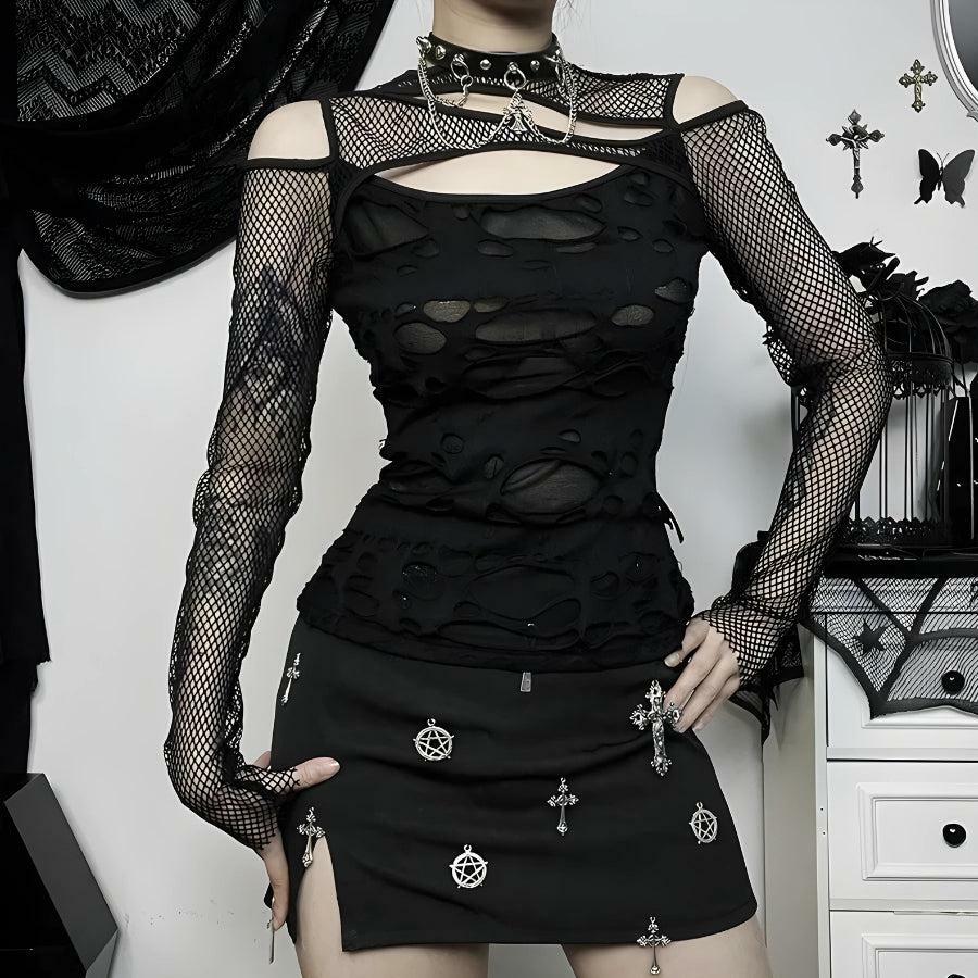 Y2K Goth Fishnet Ripped Top - Aesthetic Clothing for Unique Styles