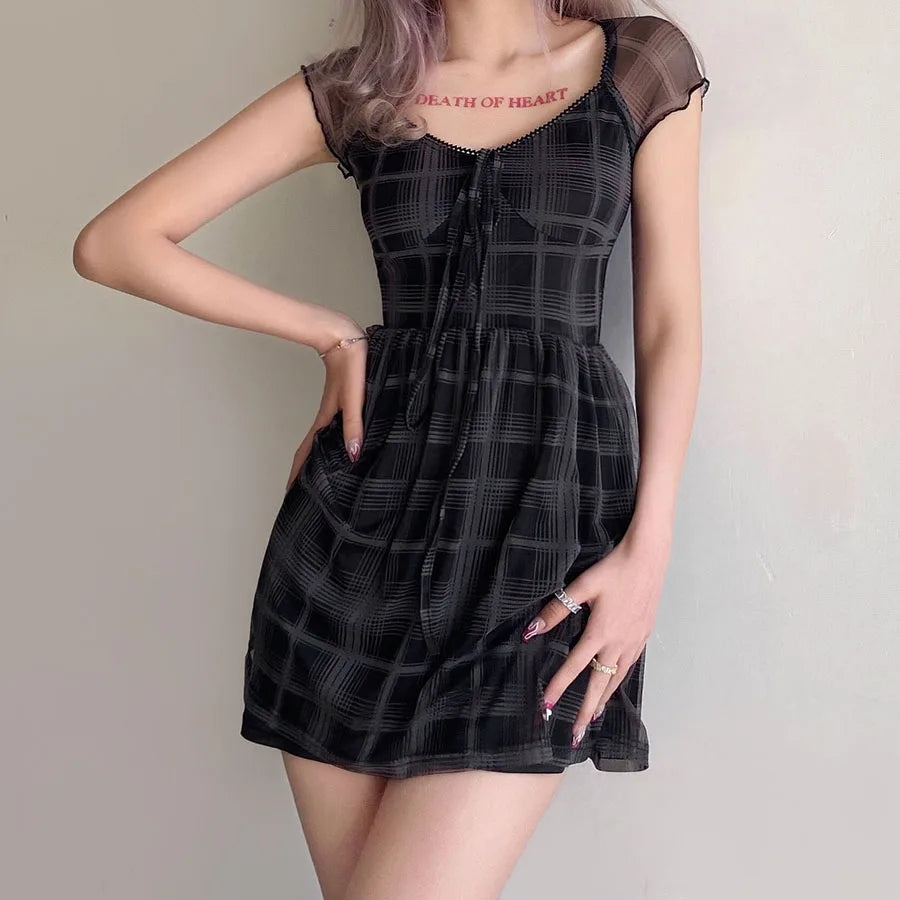 Y2K Goth Plaid Mini Dress - Aesthetic Coquette Style Outfit