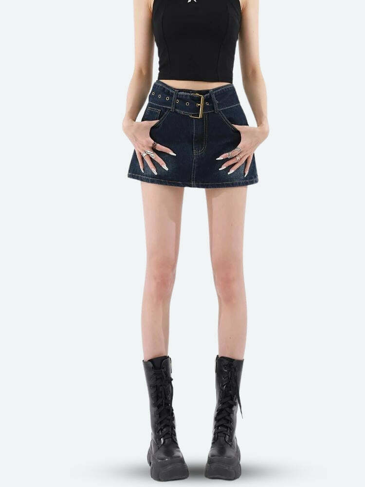 Y2K Grunge Belted Denim Mini Skirt - Coquette Aesthetic Outfit Essential