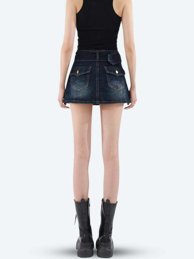 Y2K Grunge Belted Denim Mini Skirt - Coquette Aesthetic Outfit Essential