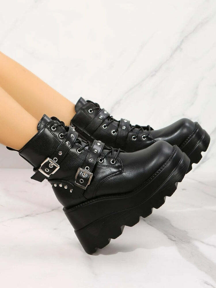 Y2K Grunge Belted Platform Boots - Aesthetic Footwear for Unique Styles