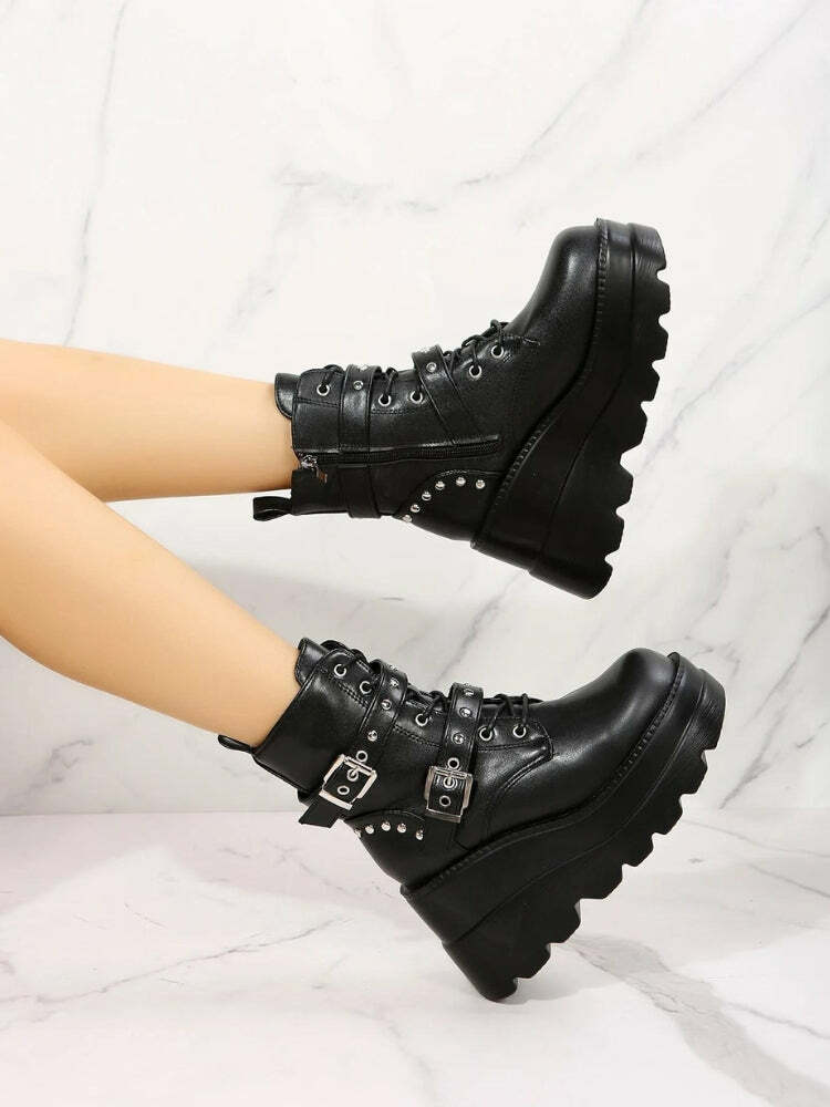 Y2K Grunge Belted Platform Boots - Aesthetic Footwear for Unique Styles