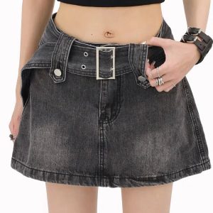 Y2K Grunge Buttoned Belt Loop Mini Skort - Aesthetic Coquette Style