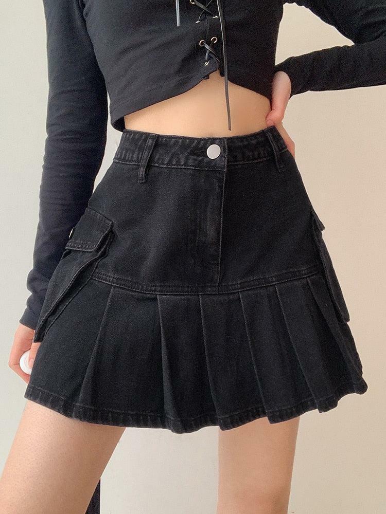 Y2K Grunge Cargo Denim Mini Skirt - Aesthetic Coquette Style Outfit