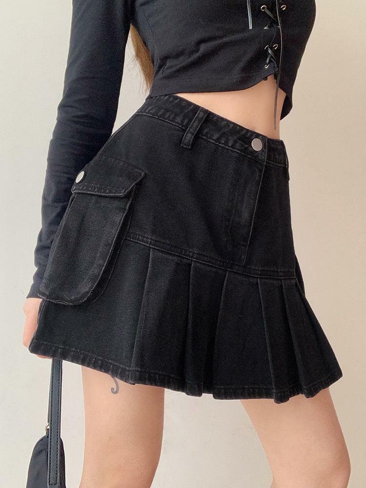 Y2K Grunge Cargo Denim Mini Skirt - Aesthetic Coquette Style Outfit