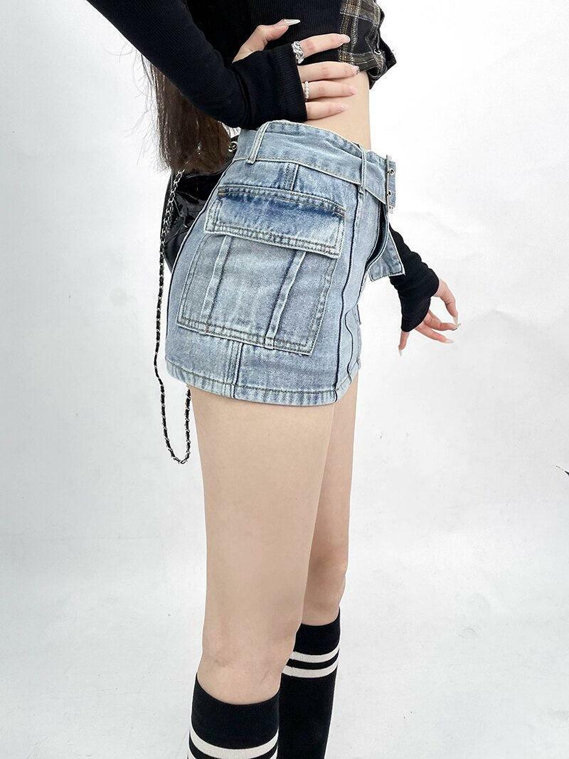 Y2K Grunge Cargo Jean Mini Skort - Trendy Aesthetic Outfit Essential