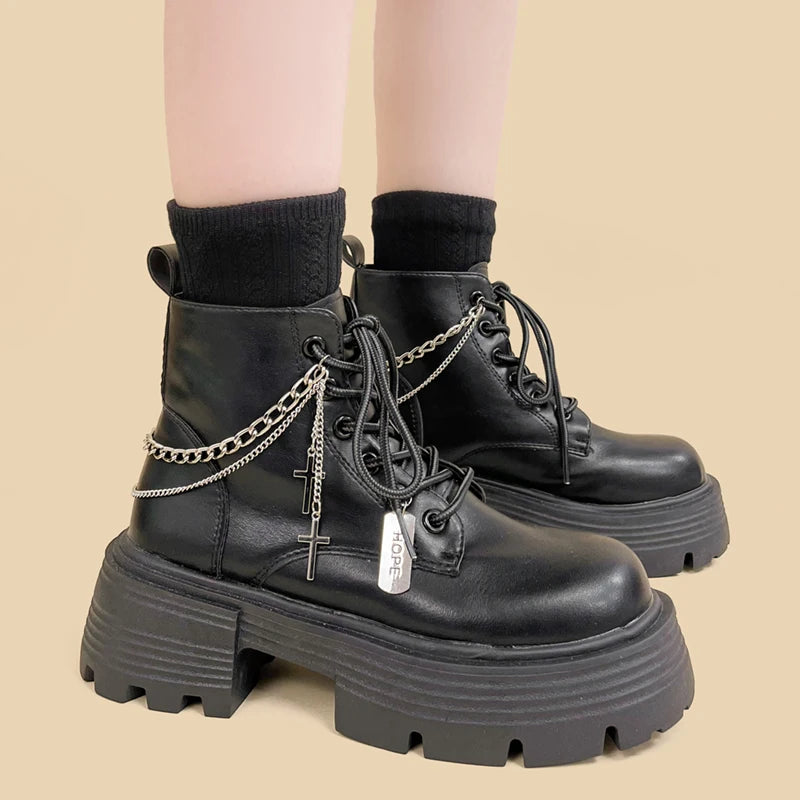 Y2K Grunge Chain Combat Boots - Edgy Aesthetic Footwear for All Styles