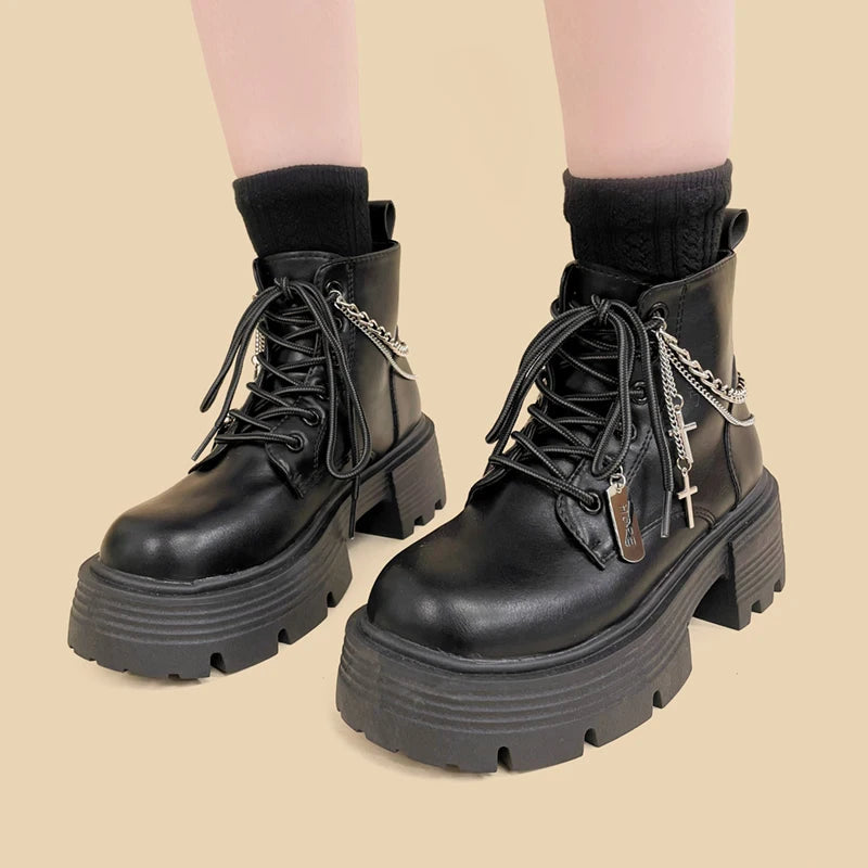 Y2K Grunge Chain Combat Boots - Edgy Aesthetic Footwear for All Styles