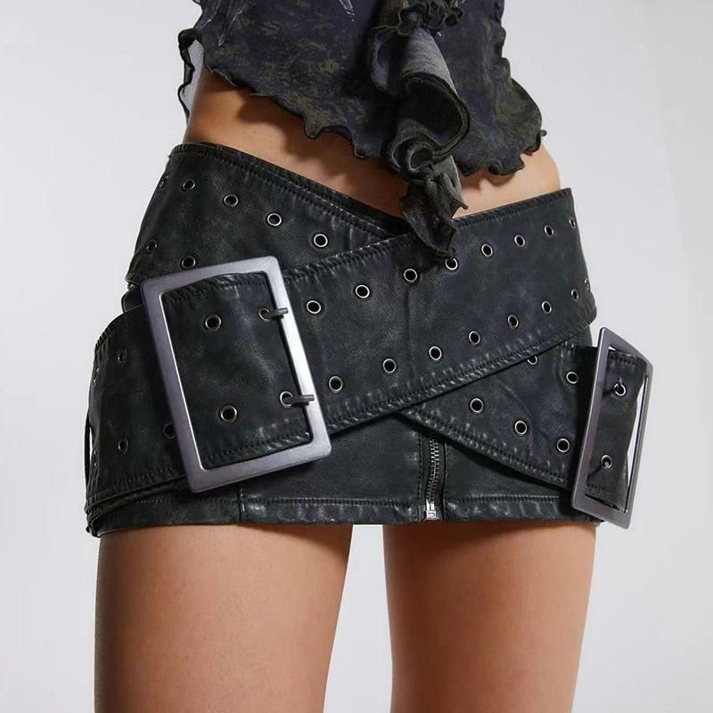 Y2K Grunge Cross Belt Faux Leather Mini Skirt - Aesthetic Clothing Style