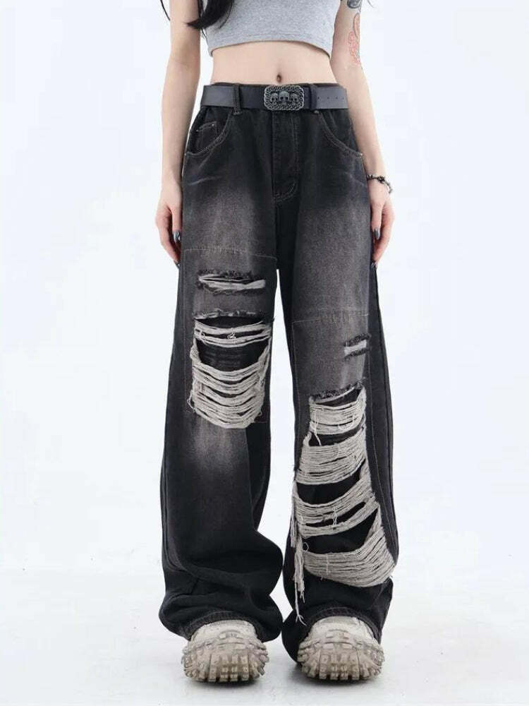 Y2K Grunge Dark Wash Distressed Jeans - Aesthetic Clothing Essential