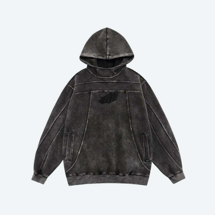 Y2K Grunge Dark Washed Embroidered Hoodie - Aesthetic Outfit Essential