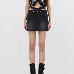 Y2K Grunge Denim Cross Belt Mini Skort - Aesthetic Coquette Style