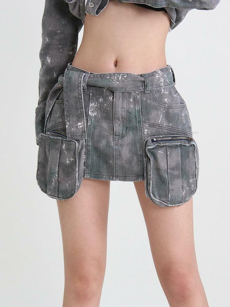 Y2K Grunge Distressed Cargo Denim Mini Skirt - Aesthetic Outfit Essential