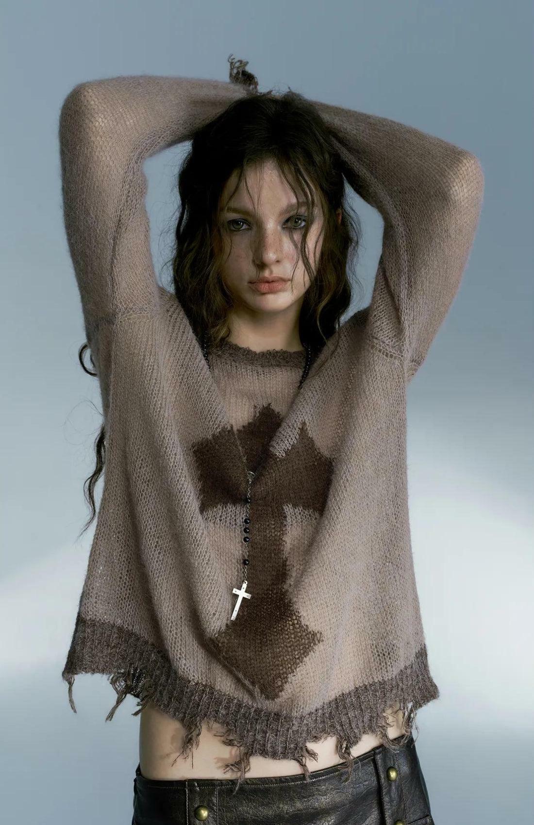 Y2K Grunge Distressed Cross Sweater - Aesthetic Clothing for Unique Styles