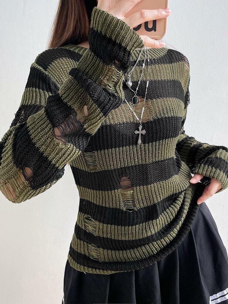 Y2K Grunge Distressed Striped Sweater - Aesthetic Clothing for Unique Styles