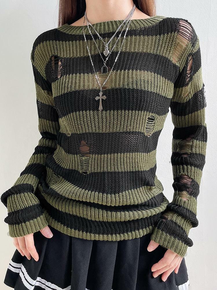 Y2K Grunge Distressed Striped Sweater - Aesthetic Clothing for Unique Styles