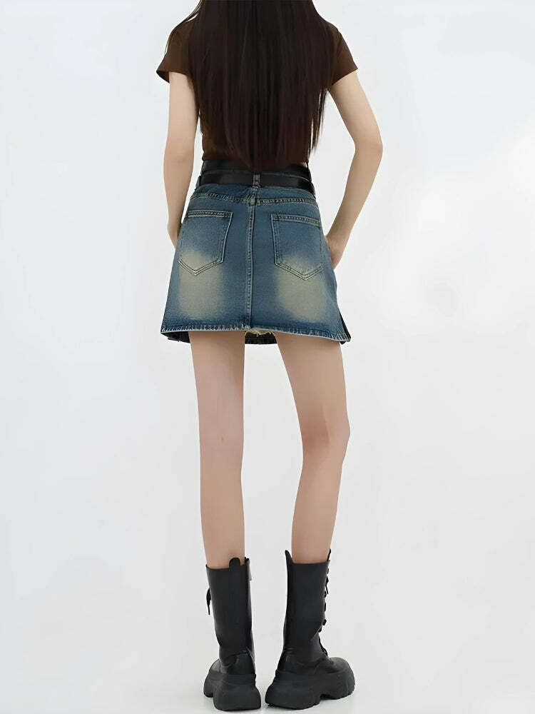 Y2K Grunge Double Belt Loop Denim Mini Skirt - Aesthetic Coquette Style