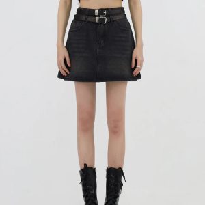 Y2K Grunge Double Belt Loop Denim Mini Skirt - Aesthetic Coquette Style