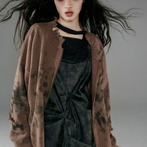 Y2K Grunge Extra Distressed Zip-Up Cardigan - Aesthetic Layering Essential