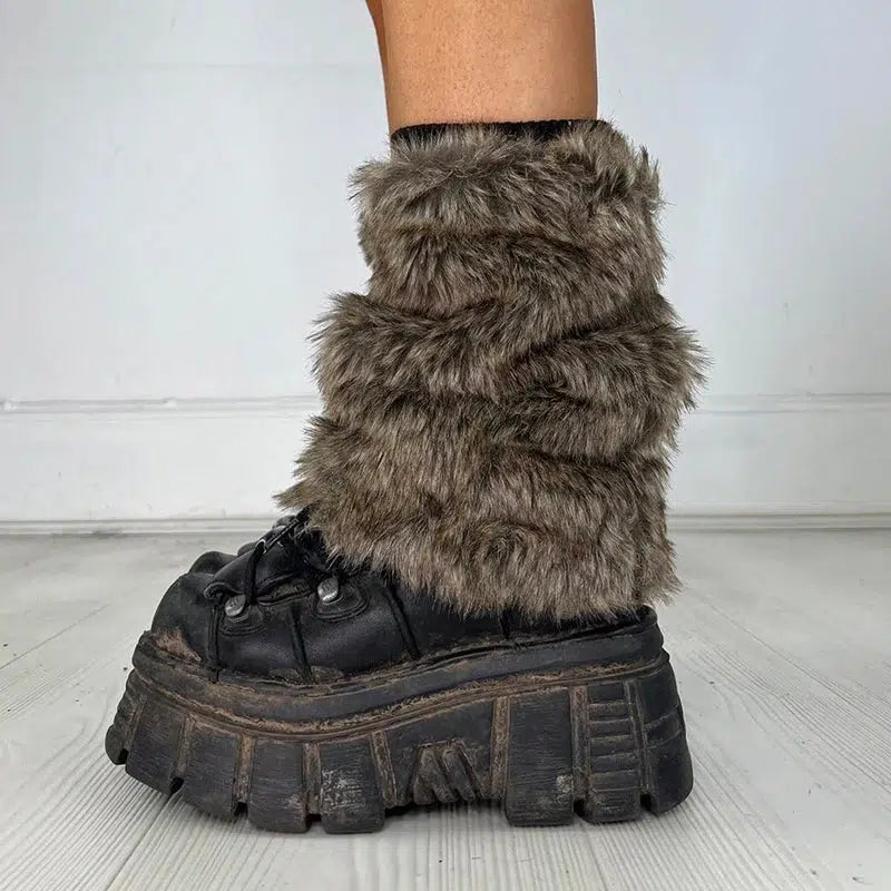 Y2K Grunge Faux Fur Leg Warmers for Aesthetic Outfits and Styles