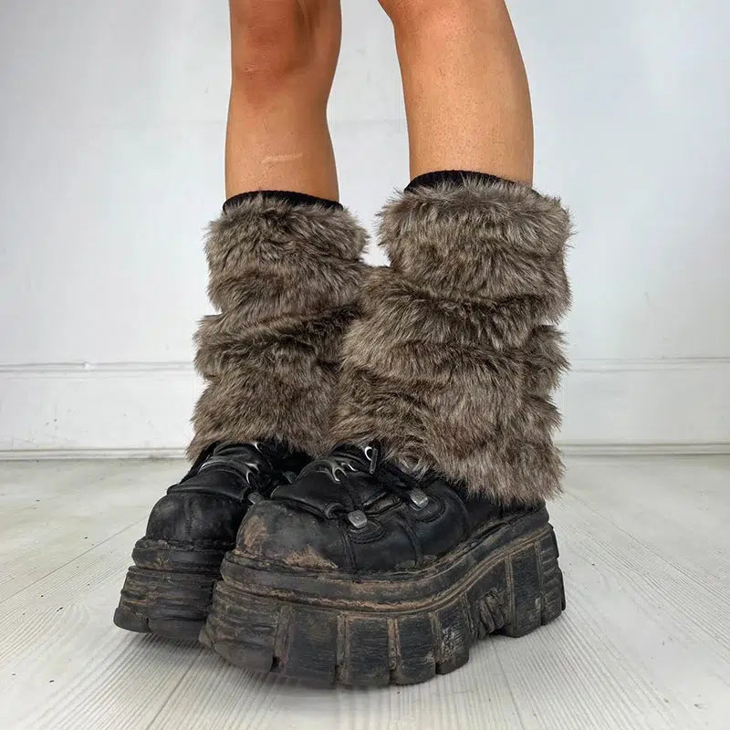 Y2K Grunge Faux Fur Leg Warmers for Aesthetic Outfits and Styles