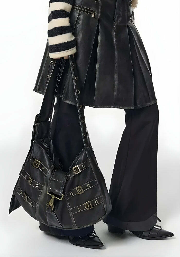 Y2K Grunge Faux Leather Belted Bag - Trendy Coquette Aesthetic Accessory