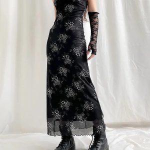 Y2K Grunge Floral Mesh Midi Dress - Aesthetic Coquette Style Outfit