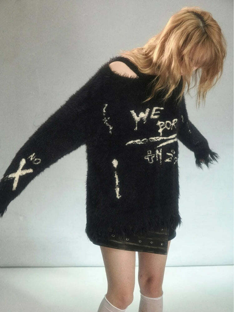 Y2K Grunge Fluffy Knitted Sweater - Aesthetic Coquette Style Top