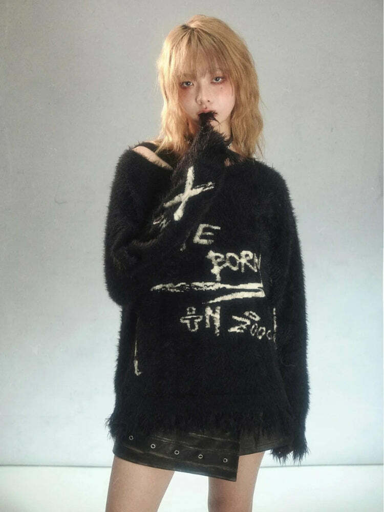 Y2K Grunge Fluffy Knitted Sweater - Aesthetic Coquette Style Top