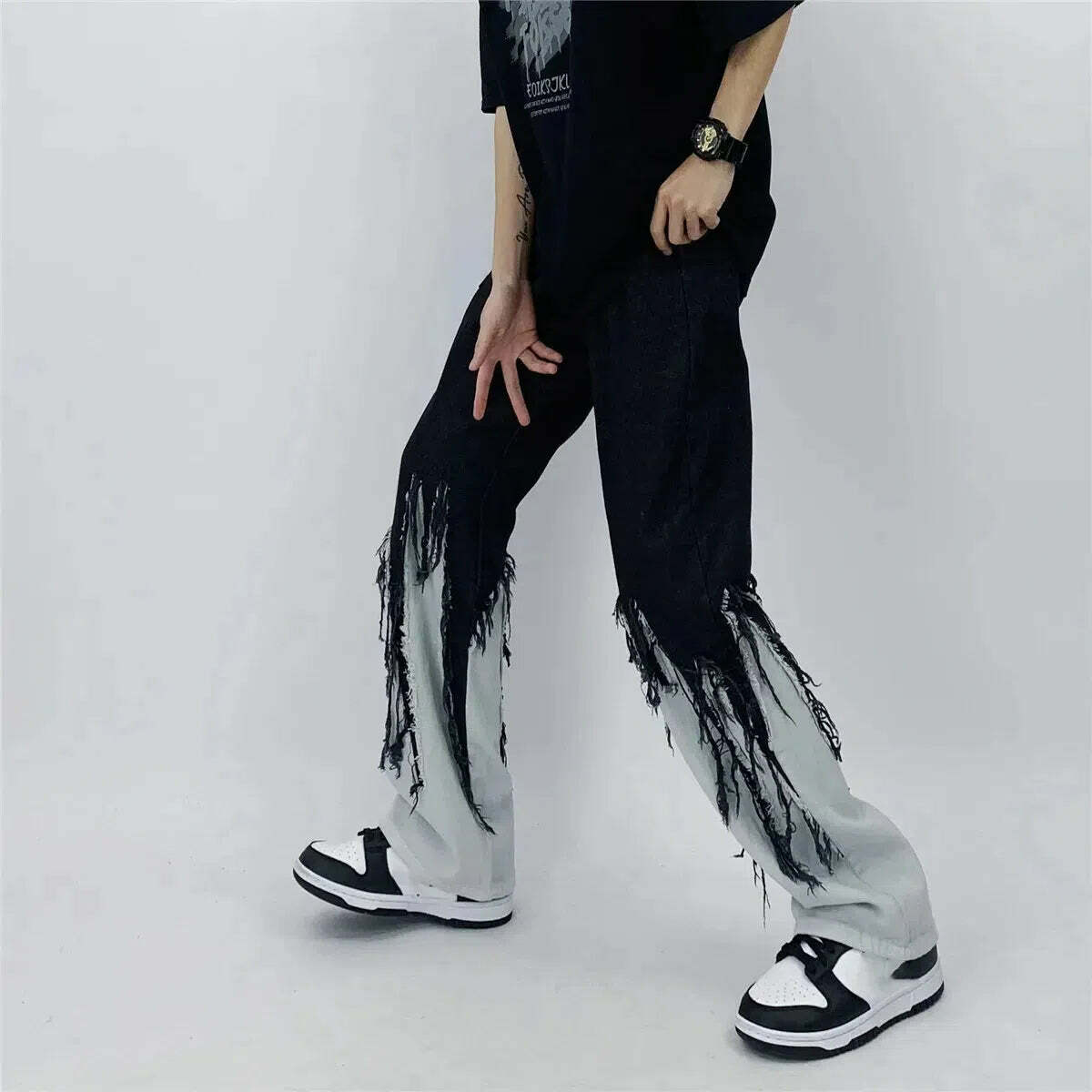 Y2K Grunge Fringed Straight Leg Jeans - Trendy Aesthetic Clothing