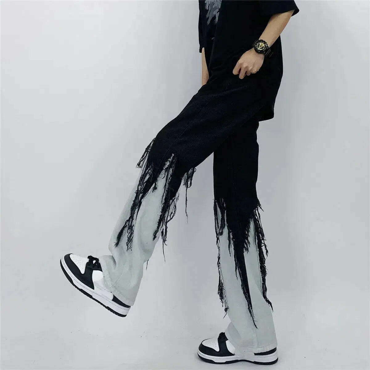 Y2K Grunge Fringed Straight Leg Jeans - Trendy Aesthetic Clothing