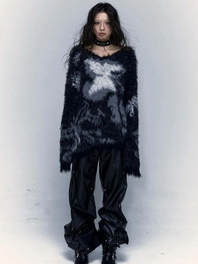 Y2K Grunge Fuzzy Sweater - Aesthetic Coquette Style for Trendy Looks