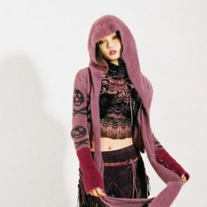 Y2K Grunge Gothic Skull Hooded Cardigan - Aesthetic Layering Essential