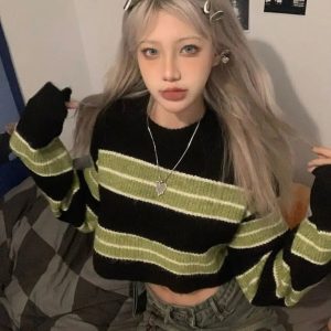 Y2K Grunge Green Striped Crop Sweater - Aesthetic Coquette Style Top